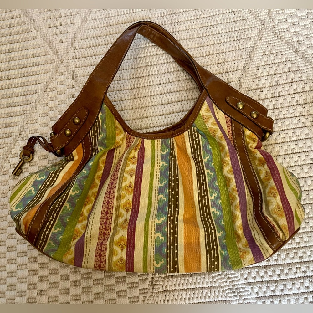 Fossil Multicolor Striped Hobo Bag with Leather Detail